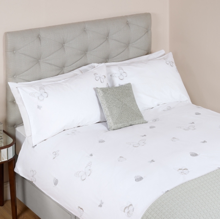 Embroidered Butterflies Silver Duvet Cover